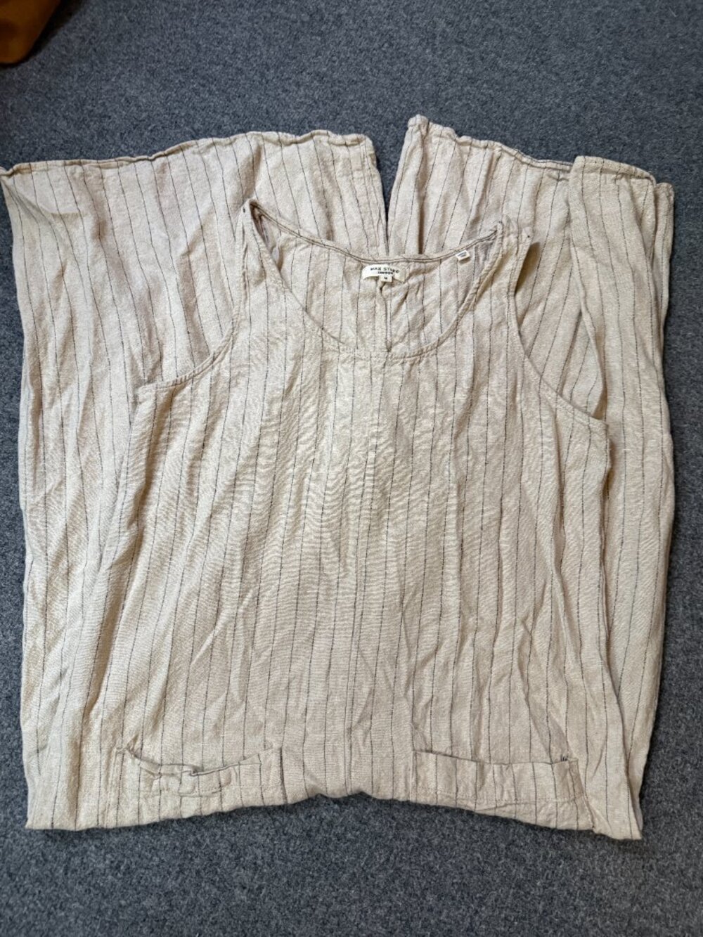 Max Studio London Linen Tan with Black Pinstripe Jumper Snap Shoulder Size Med